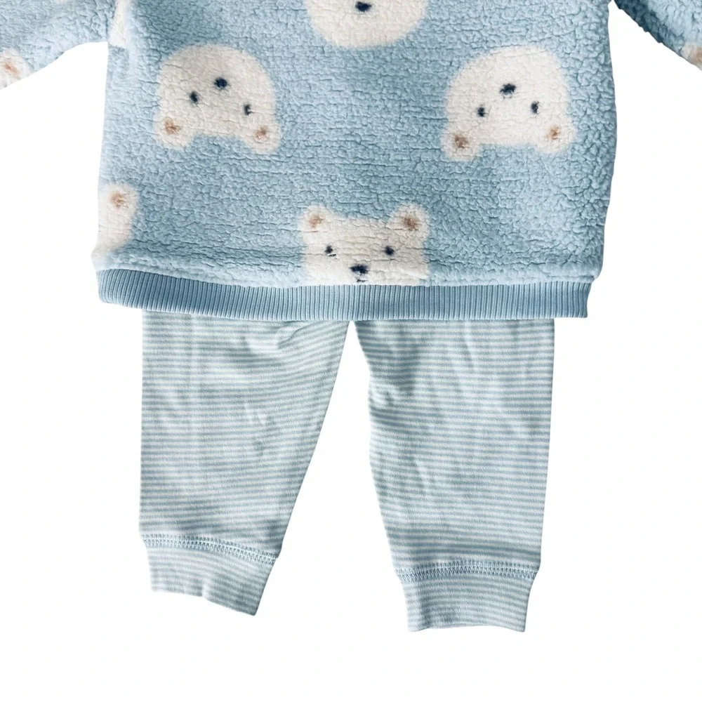 Carter's 2pc Cozy Set Kids 9M Blue New Sherpa Polar Bear Fleece Striped Pants
